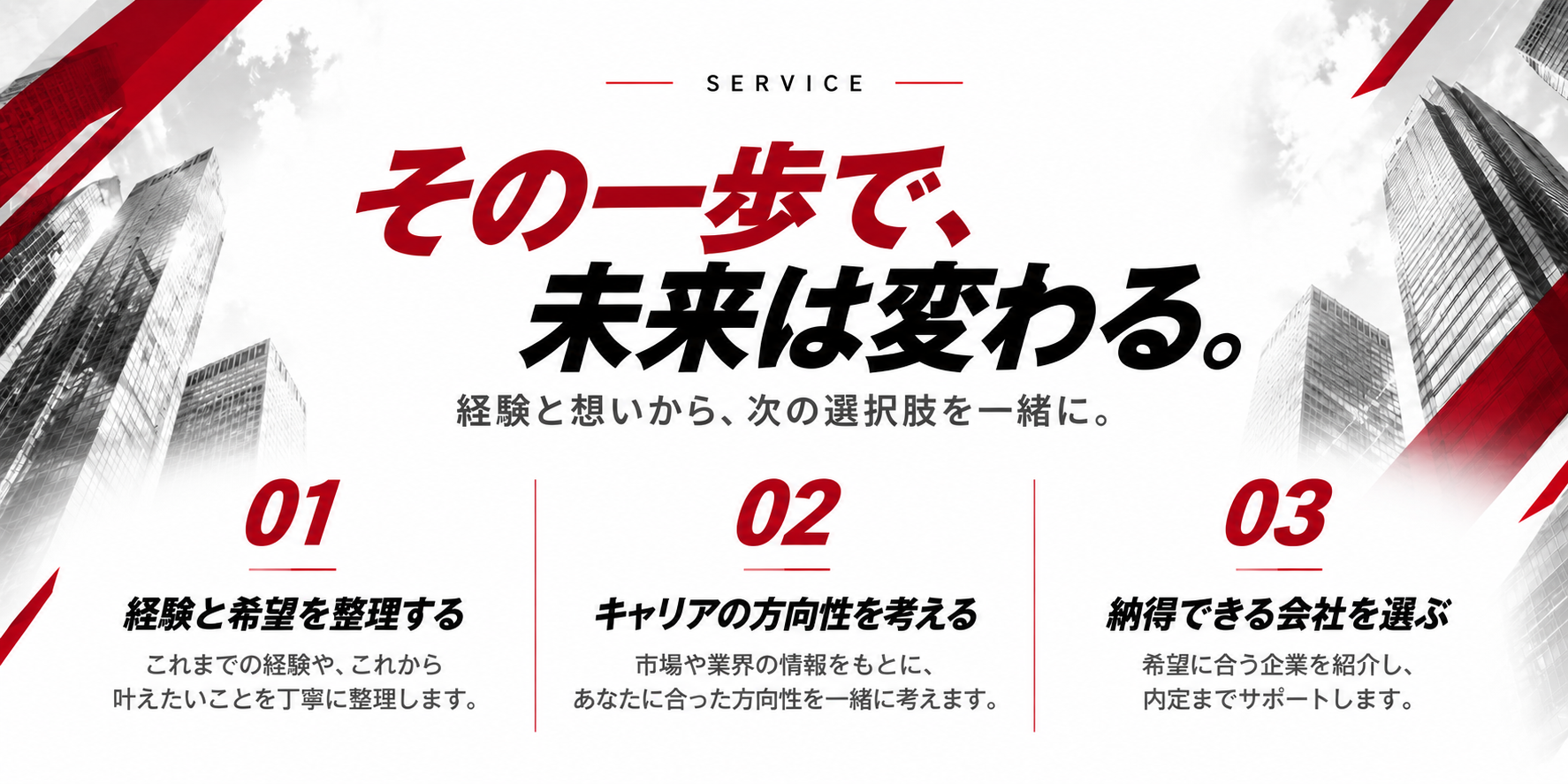 その一歩で、未来は変わる。経験と希望を整理し、キャリアの方向性を考え、納得できる会社を選ぶ。