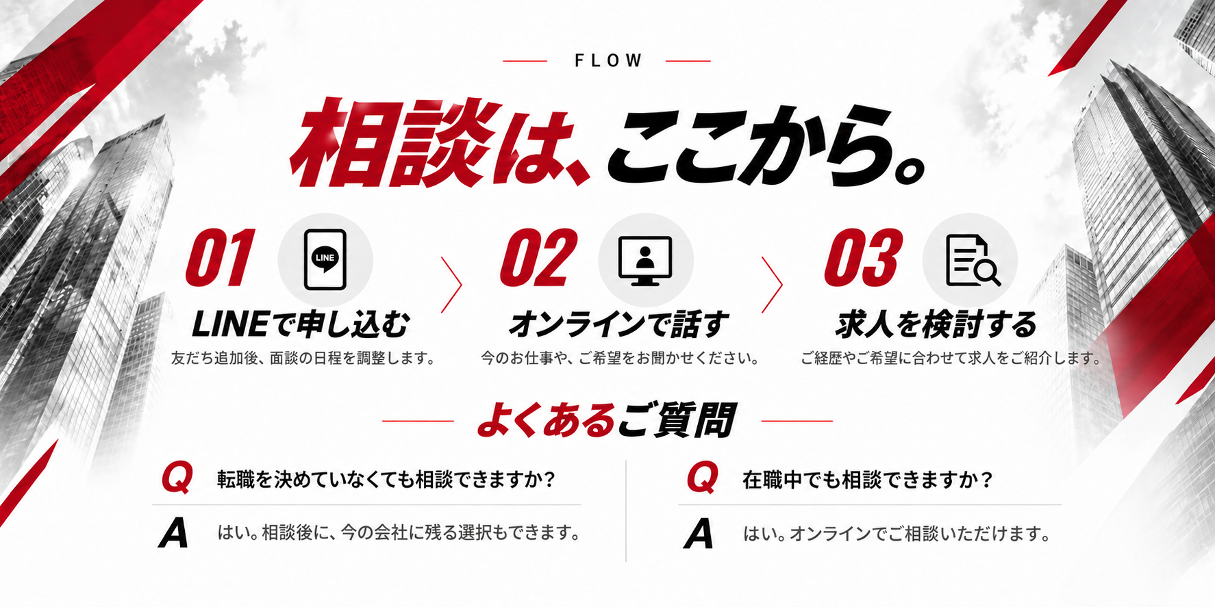 相談は、ここから。LINEで申し込む、オンラインで話す、求人を検討する。転職を決めていなくても、在職中でも相談できます。